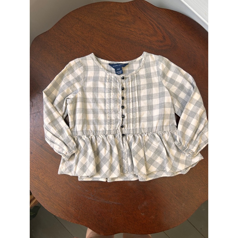 Ralph Lauren Girls Grey White Plaid Flannel Peplum Blouse Top 3T